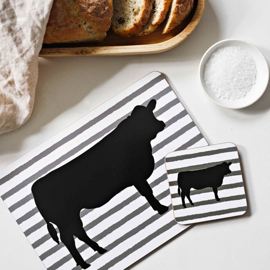 angus cow cork backed placemats and coasters
